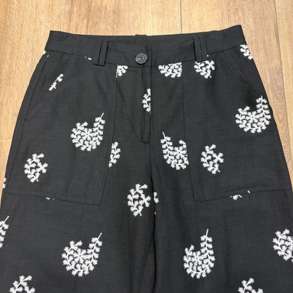 🌟ELIE TAHARI🌟 FLORAL EMBROIDERED WIDE LEG LINEN PANT BLACK / WHITE SZ 8 - Picture 2 of 7